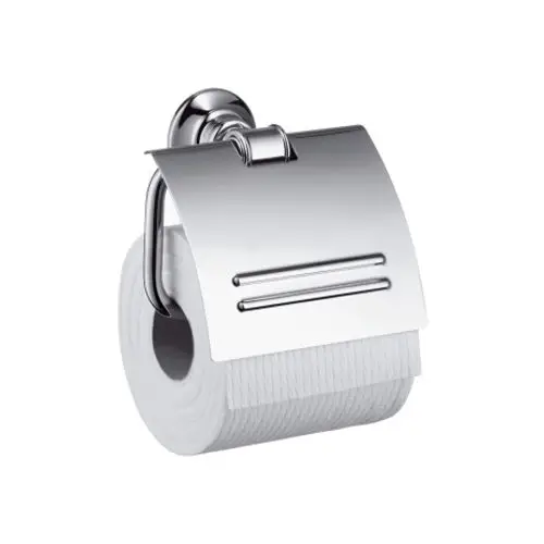 Toilettenpapierhalter aus glänzendem Chrom mit Deckel, montiert an der Wand. Produkt von AXOR, geeignet zur sicheren Aufbewahrung von Toilettenpapierrollen.